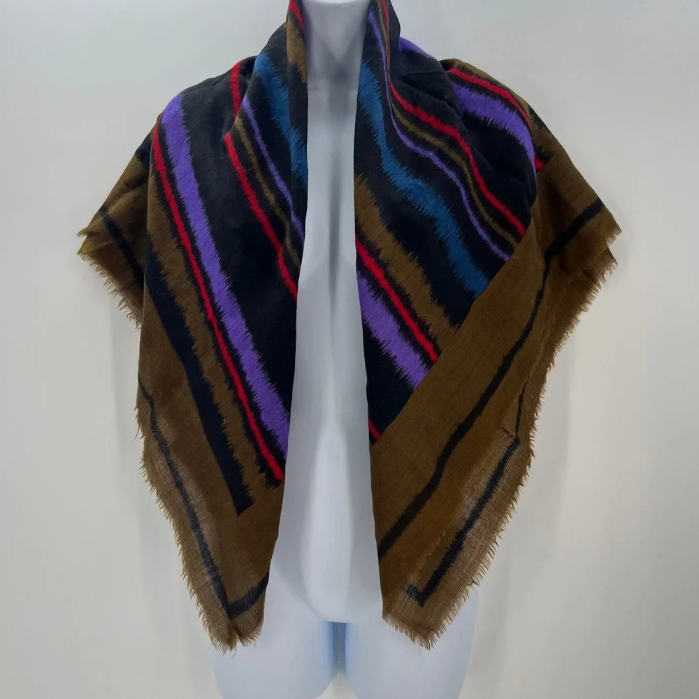 Evan Picone Vintage 100% Wool Stripe Square Scarf Brown Purple Made in Japan